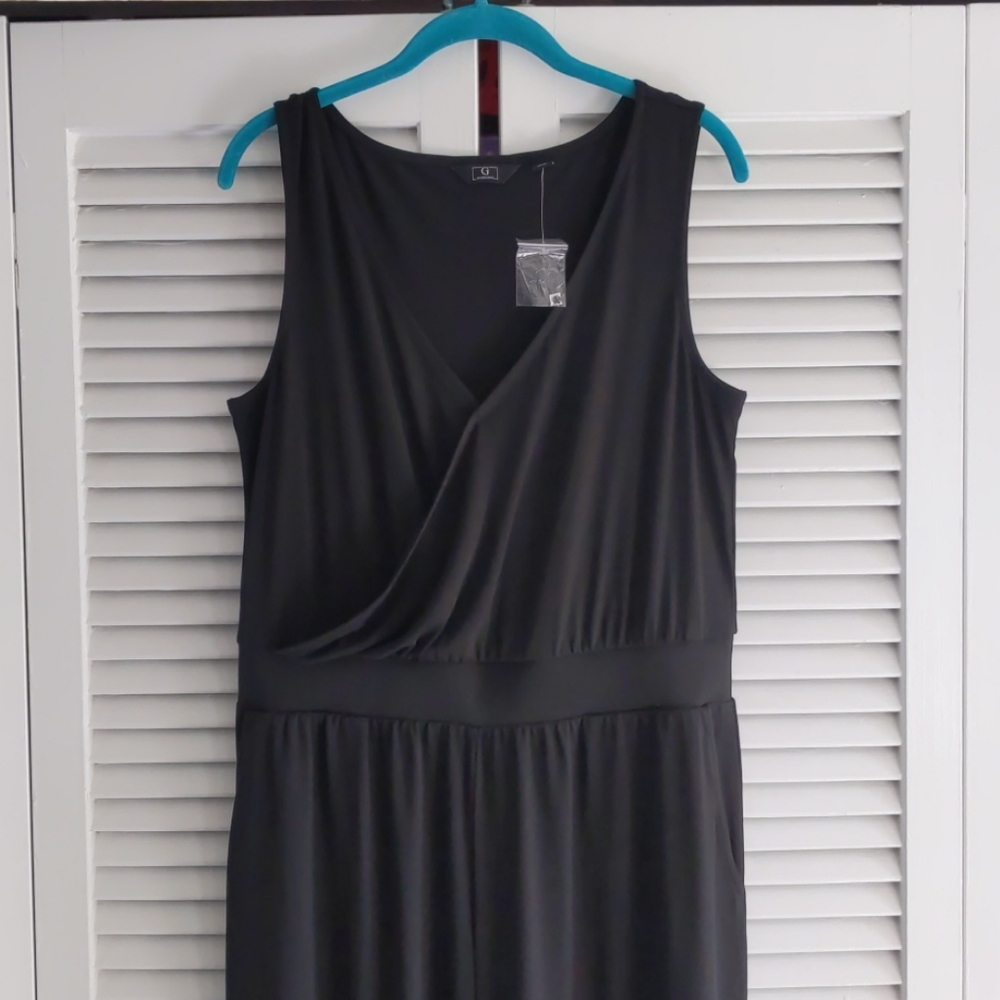 Black faux wrap wide leg jumpsuit romper large